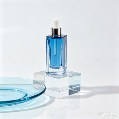 Garrafa de vidro transparente azul, com base espessa, quadrada, com embalagem de óleo de soro cosmético, com gotas de borracha branca