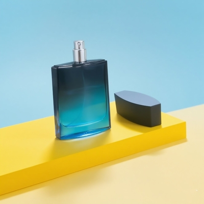 Custom 100ml vidro quadrado luxo e elegante frasco de perfume vazio bomba pulverizador gradiente preto e azul cor 15mm pescoço