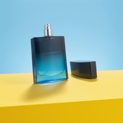 Custom 100ml vidro quadrado luxo e elegante frasco de perfume vazio bomba pulverizador gradiente preto e azul cor 15mm pescoço