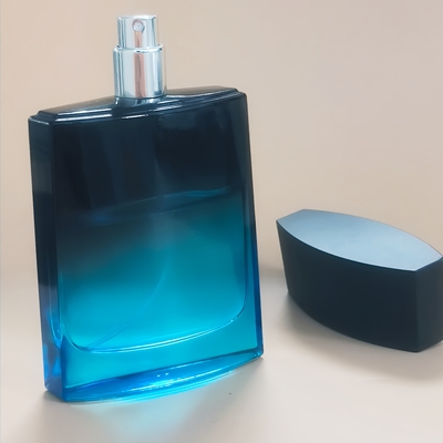 Custom 100ml vidro quadrado luxo e elegante frasco de perfume vazio bomba pulverizador gradiente preto e azul cor 15mm pescoço