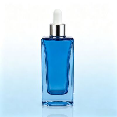 Garrafa de vidro transparente azul, com base espessa, quadrada, com embalagem de óleo de soro cosmético, com gotas de borracha branca