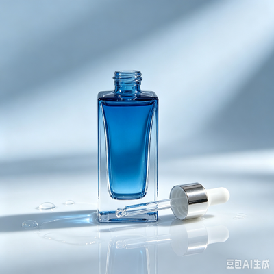 Garrafa de vidro transparente azul, com base espessa, quadrada, com embalagem de óleo de soro cosmético, com gotas de borracha branca