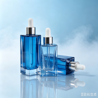 Garrafa de vidro transparente azul, com base espessa, quadrada, com embalagem de óleo de soro cosmético, com gotas de borracha branca