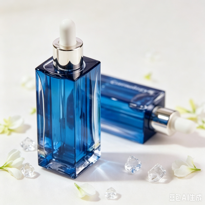 Garrafa de vidro transparente azul, com base espessa, quadrada, com embalagem de óleo de soro cosmético, com gotas de borracha branca