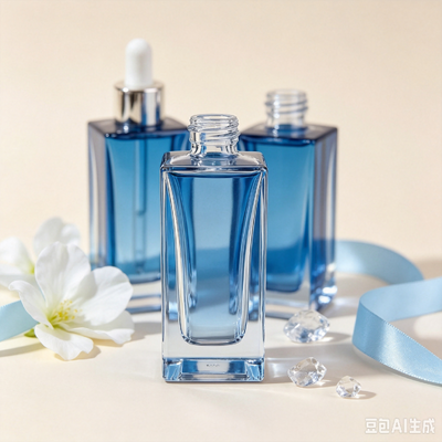 Garrafa de vidro transparente azul, com base espessa, quadrada, com embalagem de óleo de soro cosmético, com gotas de borracha branca