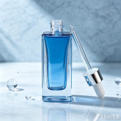 Garrafa de vidro transparente azul, com base espessa, quadrada, com embalagem de óleo de soro cosmético, com gotas de borracha branca