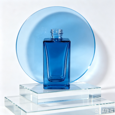 Garrafa de vidro transparente azul, com base espessa, quadrada, com embalagem de óleo de soro cosmético, com gotas de borracha branca