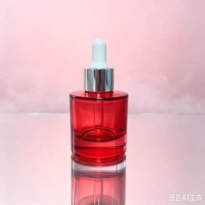 Garrafa de gotas de vidro transparente vermelho, embalagem de óleo de soro cosmético de base espessa garrafa com gotas de borracha branca