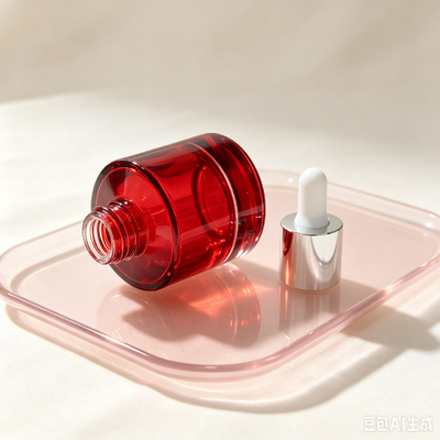 Garrafa de gotas de vidro transparente vermelho, embalagem de óleo de soro cosmético de base espessa garrafa com gotas de borracha branca