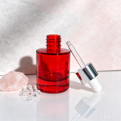 Garrafa de gotas de vidro transparente vermelho, embalagem de óleo de soro cosmético de base espessa garrafa com gotas de borracha branca