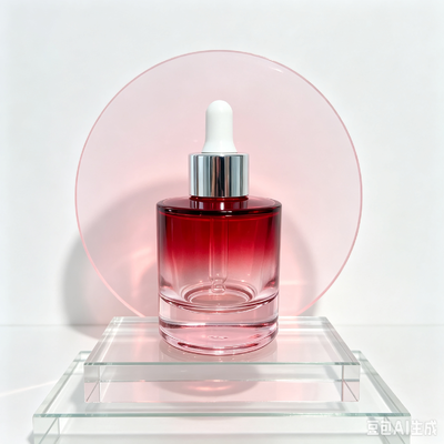 Garrafa de gotas de vidro transparente vermelho, embalagem de óleo de soro cosmético de base espessa garrafa com gotas de borracha branca