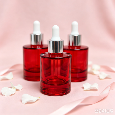 Garrafa de gotas de vidro transparente vermelho, embalagem de óleo de soro cosmético de base espessa garrafa com gotas de borracha branca