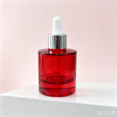 Garrafa de gotas de vidro transparente vermelho, embalagem de óleo de soro cosmético de base espessa garrafa com gotas de borracha branca
